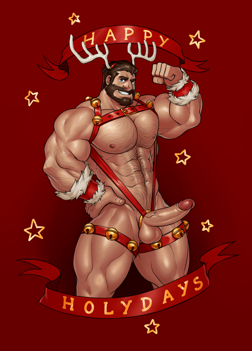 1boy antlers balls bara boner chesschirebacon christmas christmas_outfit erect_penis erection flexing flexing_bicep gay league_of_legends malcolm_graves male male_only muscles muscular penis posing