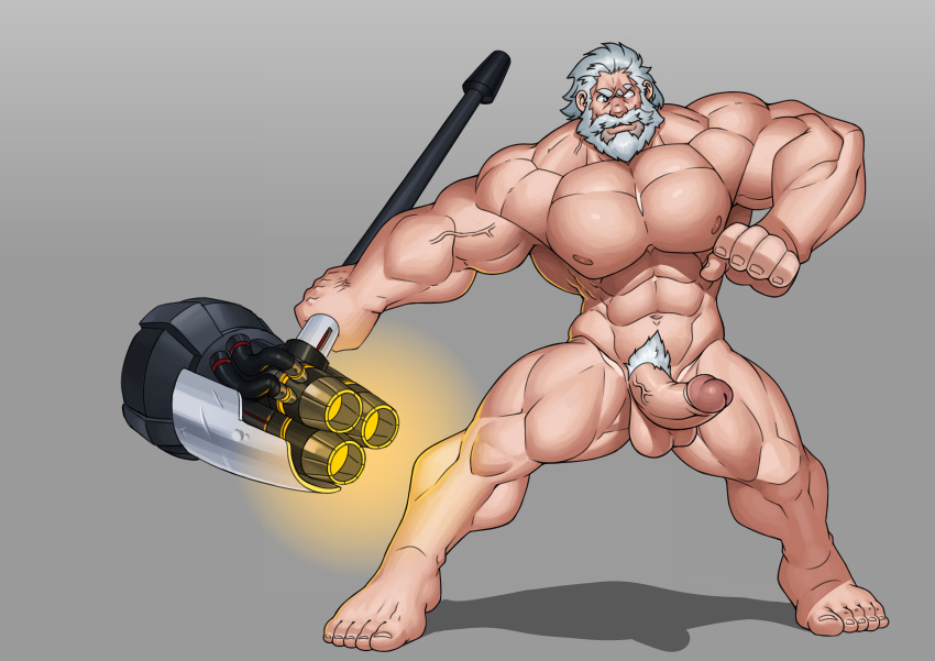 balls bara beard blizzard_entertainment boner chesschirebacon erection facial_hair gay male male_only muscles muscular nude overwatch penis reinhardt scar scar_across_eye white_hair