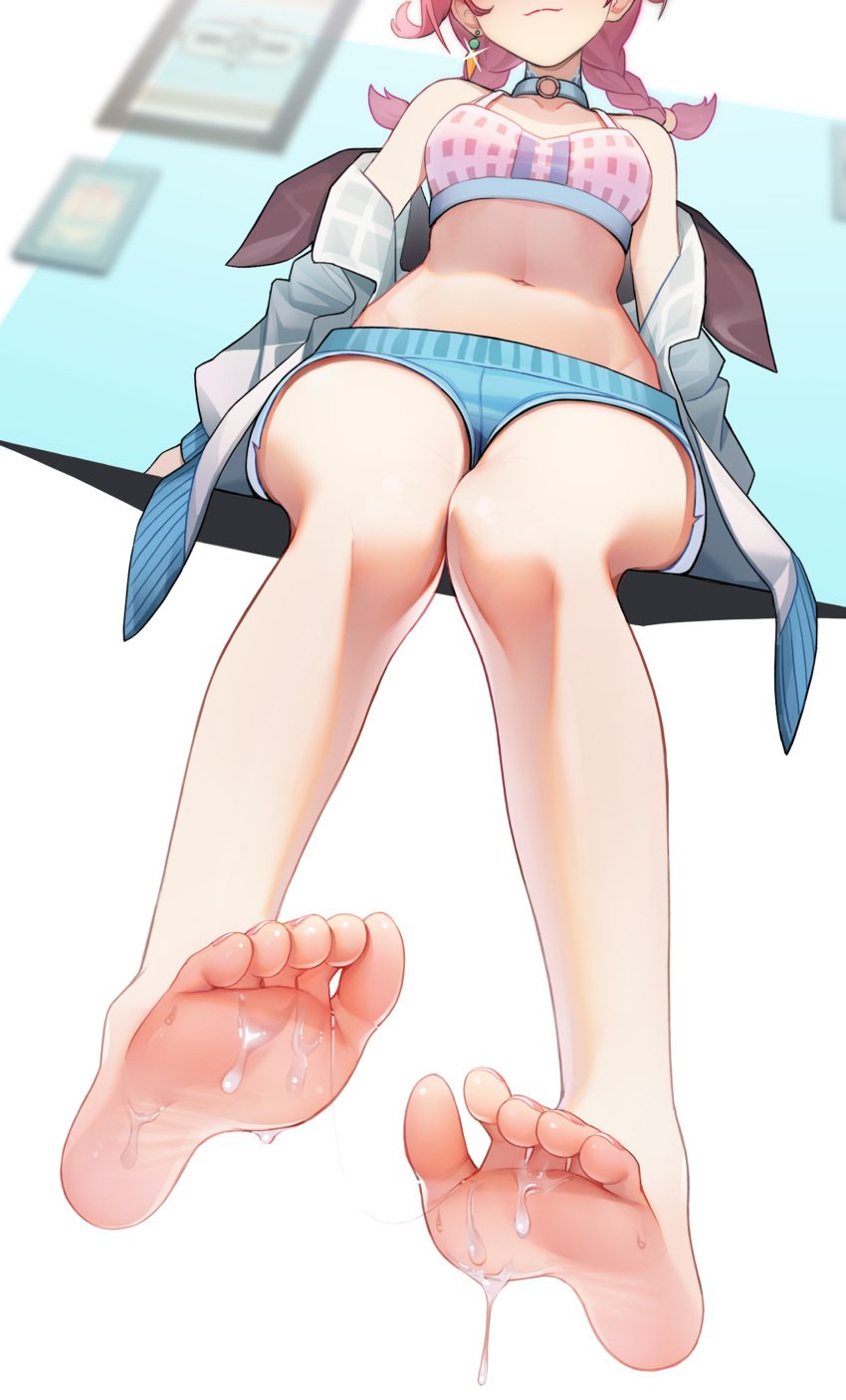 absurdres arknights bangs bare_legs bare_shoulders barefoot blue_choker blue_poison_(arknights) blue_poison_(shoal_beat)_(arknights) blue_shorts braid choker collarbone commentary_request crop_top cum cum_on_feet cute earrings feet female foot_fetish foot_focus head_out_of_frame highres jacket jewelry jiachong_jun_z legs long_hair micro_shorts midriff navel off_shoulder official_alternate_costume open_clothes open_jacket partial_commentary pink_hair shorts smile soles solo sports_bra stomach toes twin_braids