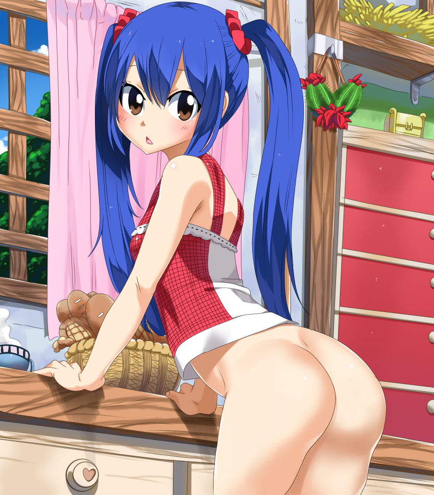 1girls :< arched_back arm_support ass blue_hair blush bottomless brown_eyes cute fairy_tail leaning_forward long_blue_hair long_hair looking_at_viewer open_mouth planeptune presenting_ass small_breasts standing wendy_marvell