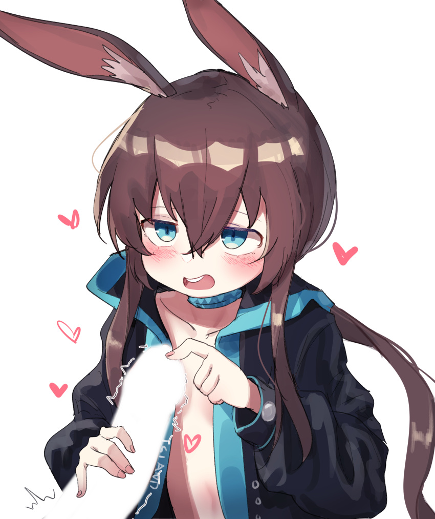 1boy amiya_(arknights) animal_ears arknights bangs black_jacket blank_censor blue_eyes brown_hair censored crossed_bangs female handjob heart highres jacket jewelry kosobin long_hair neck_ring open_clothes open_jacket open_mouth penis ponytail rabbit_ears rabbit_girl sidelocks simple_background solo_focus straight teeth upper_teeth white_background