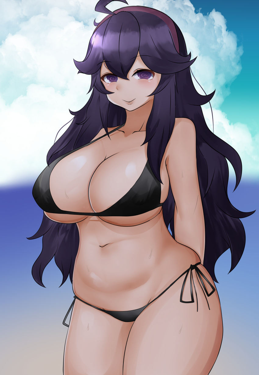 beach bikini bikini_bottom bikini_top black_bikini black_bikini_bottom black_bikini_top breasts female female_focus female_only hairband hex_maniac light-skinned_female long_hair looking_at_viewer pokemon pokemon_xy purple_eyes purple_hair purple_hairband smile smiling_at_viewer solo solo_female sweat sweaty_body tf_cafe thighs