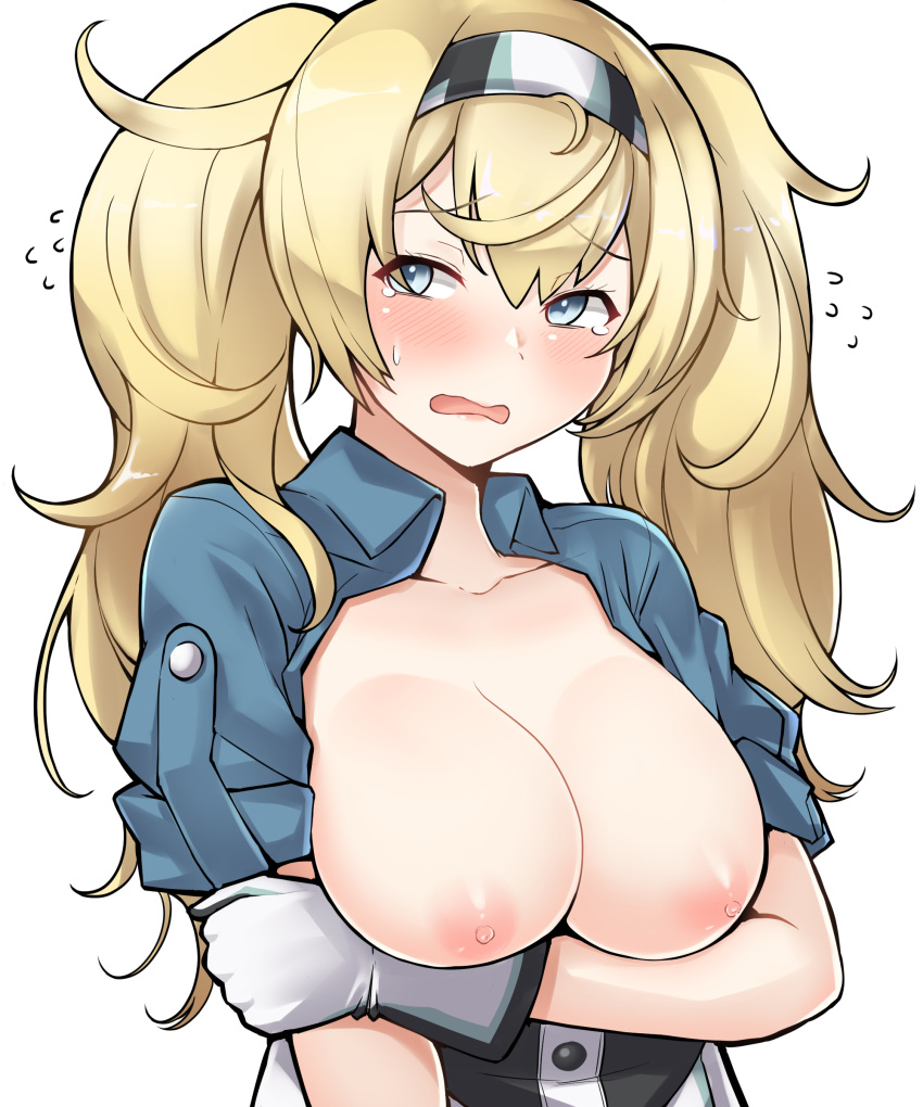 arm_under_breasts big_breasts blonde_hair blue_eyes blush breasts breasts_out cleavage denim female female_only gambier_bay_(kantai_collection) gloves hairbow hi_res kantai_collection kiritto long_hair looking_away messy_hair no_bra open_shirt solo sweatdrop tears twintails upper_body very_high_resolution white_gloves