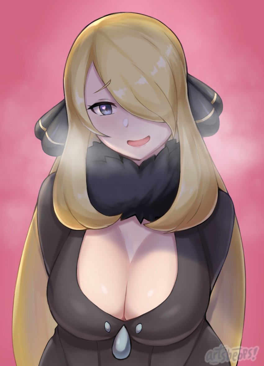 1girls 2021 artist_signature artsheops blonde_hair blush breasts cleavage clothed clothed_female cynthia_(pokemon) female female_only fur_collar grey_eyes hair_ornament hair_over_one_eye heart-shaped_pupils hi_res horny huge_breasts long_hair looking_at_viewer low_neckline nintendo pokemon pokemon_dppt simple_background smile visible_breath