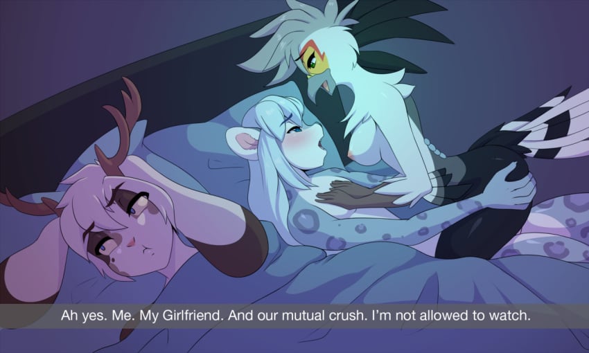 1girls 2boys 500_dollar_four_foot_tall_mareep ah_yes._me._my_girlfriend. anthro anthro_on_anthro aster_faye bed blue_eyes cheating cowgirl_position cucked_by_femboy cuckold eyebrows eyebrows_visible_through_hair female female_anthro female_on_top femboy femboy_on_female femboydom green_eyes male male/female male_anthro male_anthro/female_anthro meme netorare ntr open_mouth pillow resine