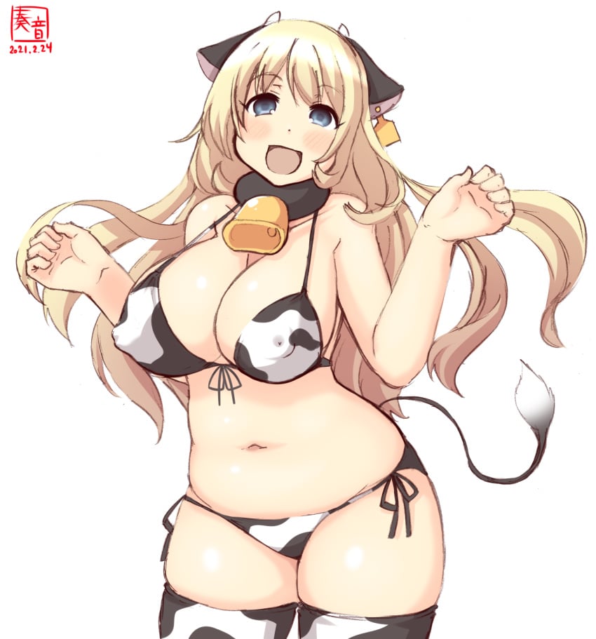 animal_ears animal_print atago_(kantai_collection) bell bikini blonde_hair blue_eyes breasts collar commentary_request covered_erect_nipples cow_ears cow_girl cow_horns cow_print cowboy_shot eyebrows_visible_through_hair fake_horns fake_tail female highres horns kanon_(kurogane_knights) kantai_collection large_breasts long_hair open_mouth print_bikini revision solo swimsuit tail thighhighs white_bikini white_legwear