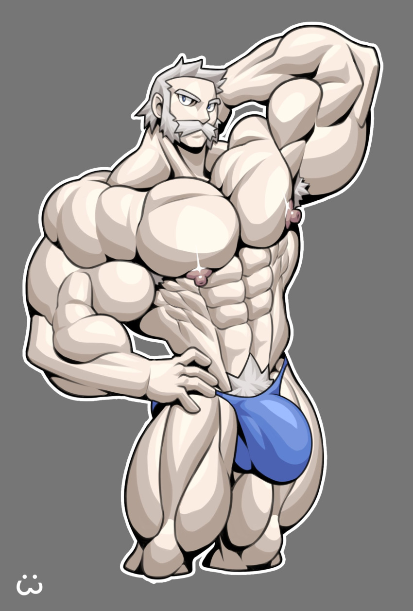 arm_behind_head arm_up armpit_hair bara bulge bunnywolf facial_hair gay hand_on_hip male male_only moustache muscles muscular nipples npc_trainer pokemon pubic_hair rowan_(pokemon) solo solo_male speedo underwear underwear_only white_hair wolfiecanem