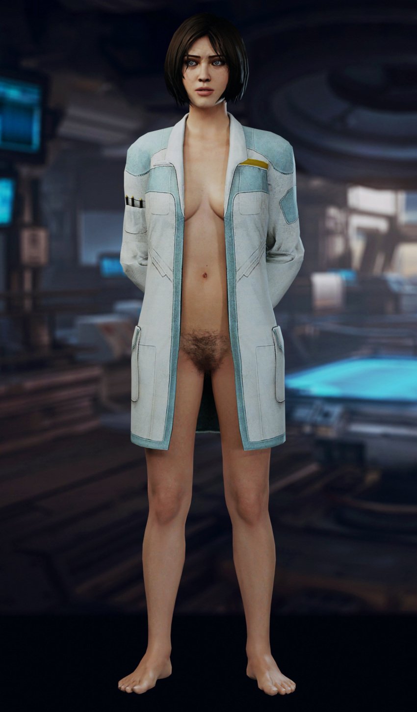 arms_behind_back blue_eyes breasts brown_hair catherine_halsey halo_(series) hantzgruber lab_coat nude_female pubic_hair scientist