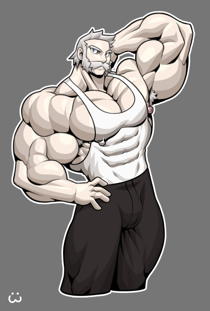 arm_behind_head arm_up armpit_hair bara bulge bunnywolf facial_hair fully_clothed gay hand_on_hip male male_only moustache muscles muscular nipples nipples_visible_through_clothing npc_trainer pokemon rowan_(pokemon) solo solo_male tank_top white_hair wolfiecanem