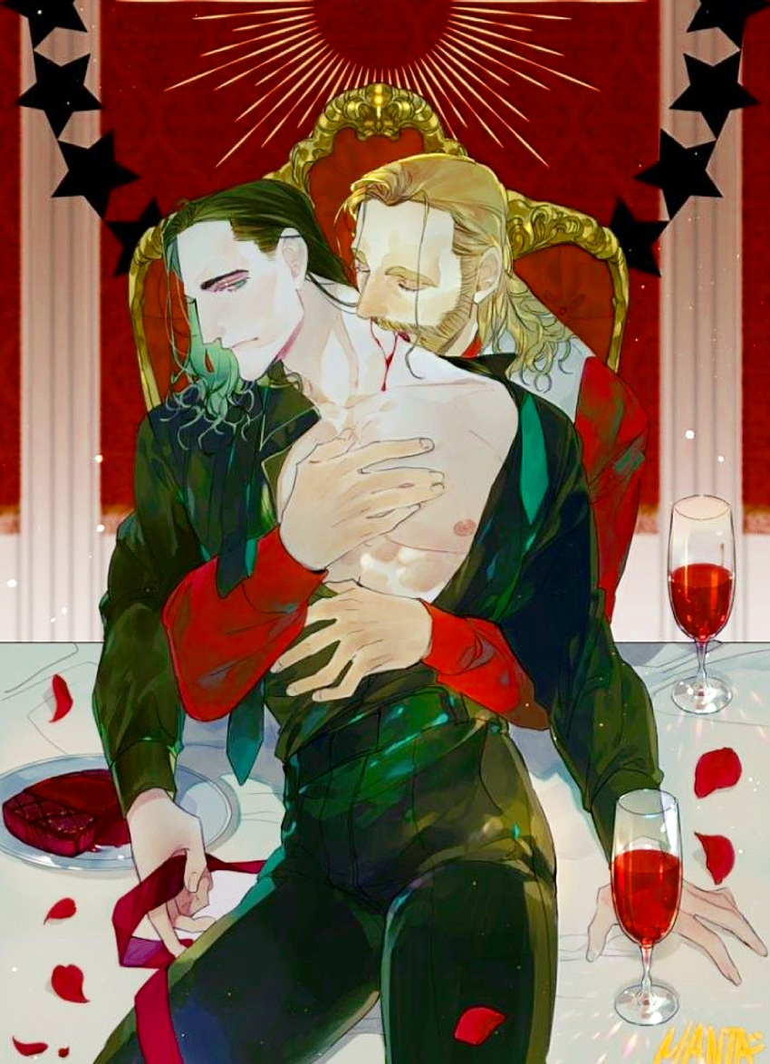 2boys adoptive_siblings artistic beard biting biting_neck blood facial_hair fangs food gay gods human human_only light-skinned_male light_skin loki_(marvel) long_hair_male male_only manta_(artist) marvel marvel_cinematic_universe rose_petals shirt_open thor_(marvel) thor_(series) wine wine_glass yaoi