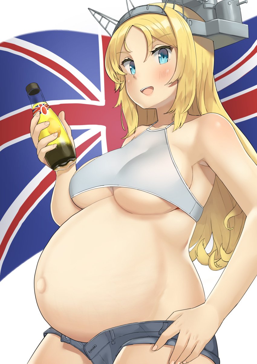 alternate_costume big_breasts blonde_hair blue_eyes blush crop_top female female_only hairband halterneck headgear holding_object jeans kantai_collection long_hair looking_at_viewer nelson_(kantai_collection) no_bra open_mouth open_pants pregnant ready_to_pop short_shorts solo soushou_nin third-party_edit unbuttoned_pants underboob union_jack