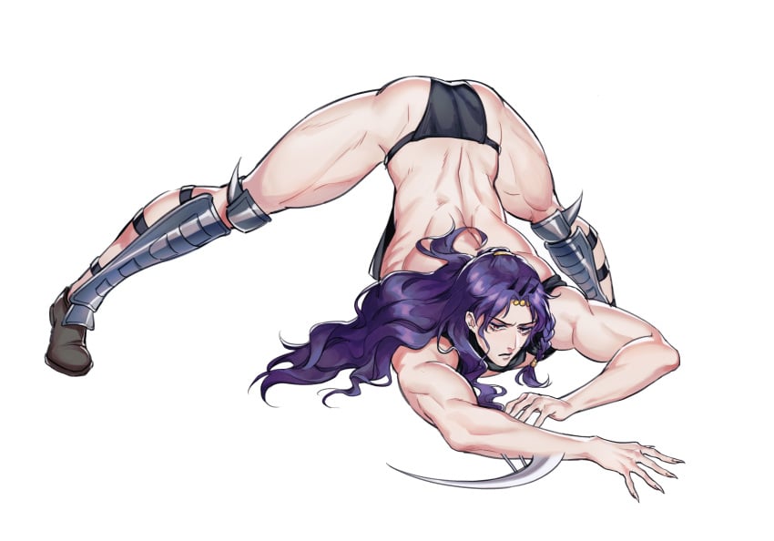 ambush_(trap) androgynous battle_tendency ennowl jack-o_pose jewelry jojo's_bizarre_adventure kars legs long_hair long_nails male male_only muscles muscular_male muscular_thighs partially_clothed purple_hair red_eyes solo solo_male