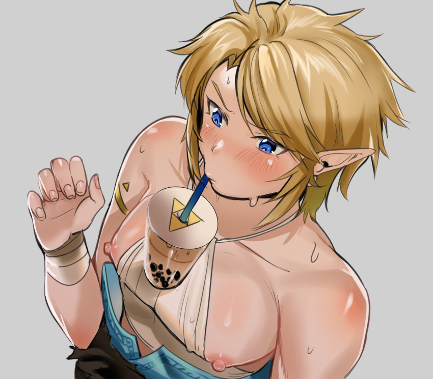 1boy blonde_hair blue_eyes blush drink drinking elf femboy half-dressed link link_(twilight_princess) looking_down nipples simple_background straw tamatamako the_legend_of_zelda triforce twilight_princess