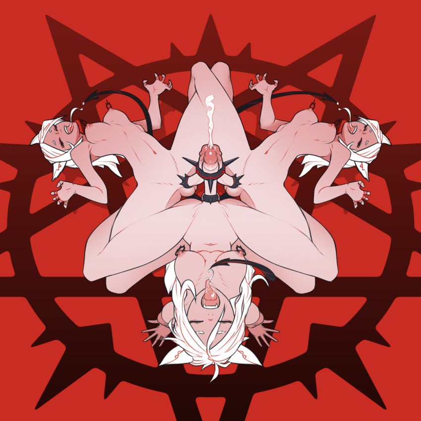 3futas animal_ears arched_back athletic_futanari breasts cerberus_(helltaker) closed_eyes commentary cum demon_girl demon_tail dog_ears ejaculation erection frottage futa_with_futa futanari helltaker highres long_hair medium_breasts multiple_girls multiple_penises nipple_piercing nipples nude open_mouth penis penises_touching pentagram piercing projectile_cum red_background revision tail tailbox testicles tongue tongue_out triplets uncensored white_hair