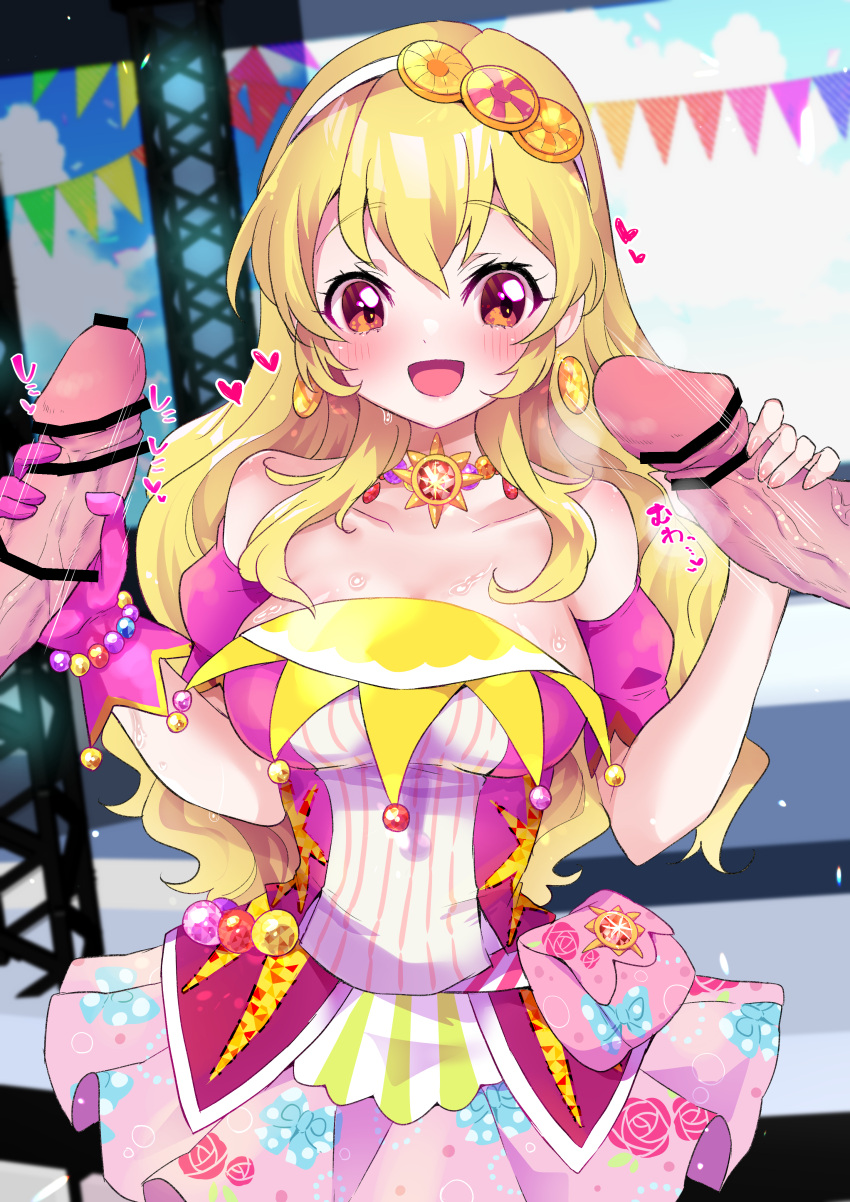 2boys :d absurdres aikatsu! aikatsu!_(series) bar_censor bare_shoulders blonde_hair blurry blurry_background blush bow_print breasts censored choker cleavage depth_of_field detached_sleeves double_handjob dress earrings erection exhibitionism eyebrows_visible_through_hair female floral_print gloved_handjob gloves group_sex hair_between_eyes hair_over_shoulder hairband handjob heart highres hoshimiya_ichigo idol jewelry large_breasts long_hair looking_at_penis mikorin mmf_threesome multicolored_clothes multicolored_dress multiple_boys nail_polish open_mouth out_of_frame penis pink_dress pink_gloves pink_nails pink_sleeves pouch red_eyes rose_print smile solo_focus speed_lines spoken_heart stage straight sweat threesome upper_body veins veiny_penis