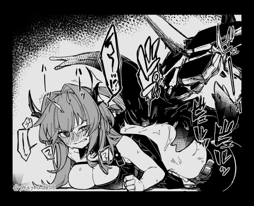 animal_ears arknights bestiality black_border blush blush_lines border bottomless breasts cleavage clenched_hand clenched_teeth commentary female from_behind grabbing greyscale implied_sex lying monochrome monster on_ground on_stomach originium_slug_(arknights) rape sex straight surtr_(arknights) sweat teeth tentacle tentacle_grab tentacle_sex twitter_username uneven_eyes yom_(ymayma00ss)