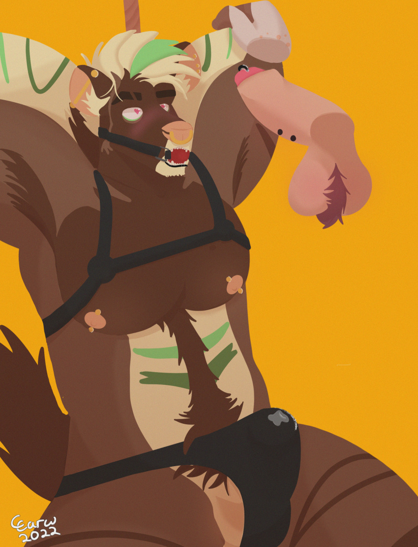 <3_eyespink_eyes 2022 animal_humanoid anthro anthro_on_anthro armpit_hair aroused ball_gag ball_tuft balls big_hands big_penis black_piercing blush bodily_fluids body_fliuds body_hair bondage bound brown_body brown_fur bulge cariad cariadcarw cedaryeen cervid clothing duo ear_piercing erect_nipples eyebrow_slits facial_piercing flustered foreskin fur gag genital_fluids genital_piercing genitals gold_piercing green_hair hair harness hi_res humanoid humanoid_genitalia hyaenid hyanid male male/male mammal mammal_humanoid nipple_piercing nipples nose_piercing penis penis_piercing piercing pink_nose precum precum_through_clothing restraints rope rope_bondage submissive submissive_male tuft underwear wet wet_clothing