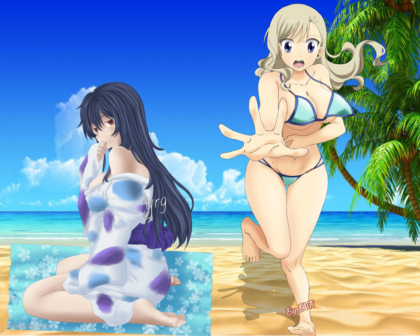 2girls alternate_version_available artist_request beach beach_towel big_breasts blonde_hair blue_bikini blue_eyes blue_hair clothed_sex edens_zero embarrassed excalibur_overdrive female_only homura_kogetsu knees_together_feet_apart long_hair mole_under_eye multiple_girls pigeon-toed public rebecca_bluegarden red_eyes sitting standing wariza