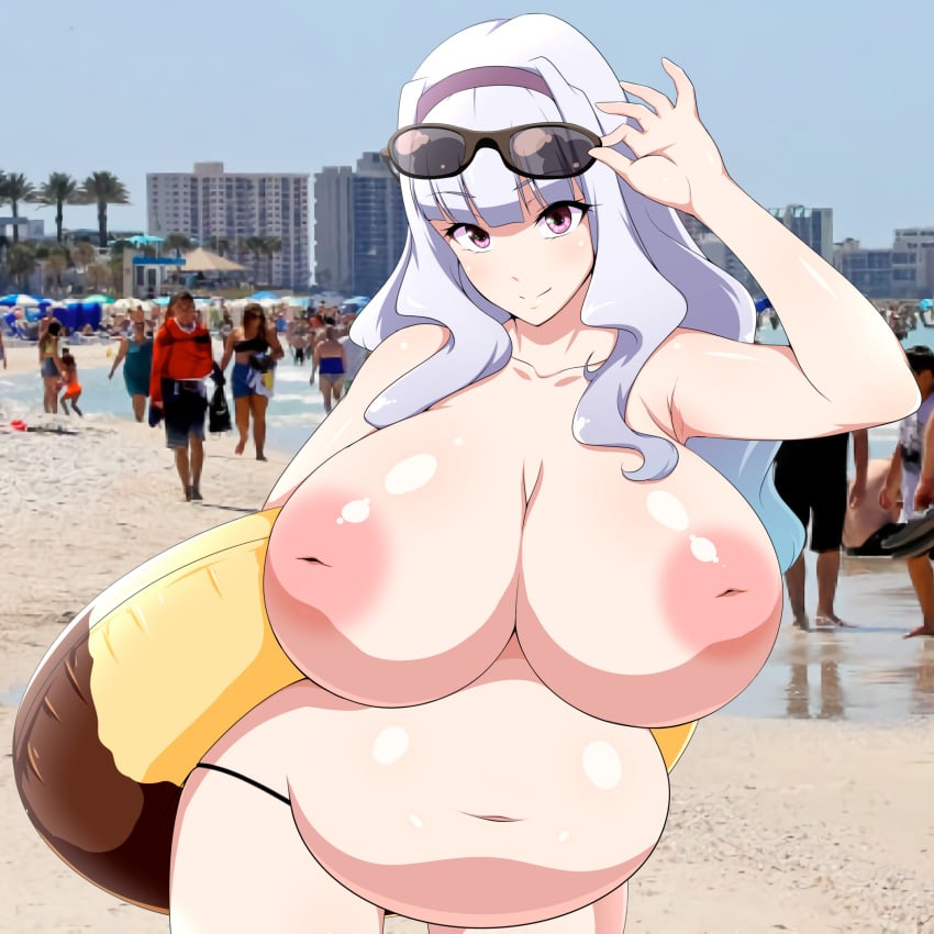 1girls arm_up bare_breasts bare_shoulders beach belly bikini bikini_bottom casual_nudity exhibitionism female gray_hair hair_ornament hairband idolmaster idolmaster_(classic) innertube inverted_nipples jabara_tornado large_breasts lifting_sunglasses long_hair nipples photo_background pink_eyes plump pregnant sand shijou_takane stomach sunglasses sunglasses_on_head third-party_edit topless