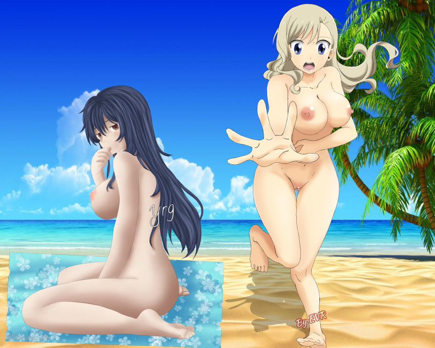 2girls alternate_version_available beach beach_towel big_breasts blonde_hair blue_eyes blue_hair edens_zero embarrassed embarrassed_nude_female enf excalibur_overdrive female_only homura_kogetsu knees_together_feet_apart long_hair mole_under_eye multiple_girls naked pigeon-toed public public_nudity rebecca_bluegarden red_eyes sitting standing wariza