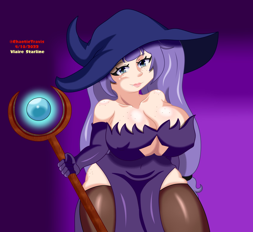 big_breasts blue_eyes chaotictravis freckles leggings lipstick pose posing purple_hair solo solo_female solo_focus thick_thighs twintails vlaire_starline vlaire_the_witch witch witch_hat witch_staff