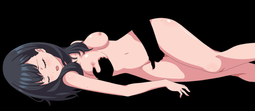 animated black_background black_hair breast_grab breasts closed_eyes completely_nude female fingering fingering_partner gif grabbing grabbing_from_behind gridman_universe h-seisakujyo highres implied_sex invisible_man loop lying medium_breasts nude on_side open_mouth rape solo_focus ssss.gridman sweat takarada_rikka