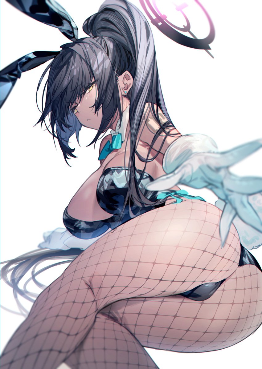 1girls 2021 animal_ears ass bangs bare_shoulders black_hair black_leotard blue_archive blush bow bowtie breasts bukurote bunny_pose cleavage dark-skinned_female dark_skin detached_collar fake_animal_ears female female_focus female_only fishnet_legwear fishnets gloves hands_up highleg highleg_leotard highres karin_(blue_archive) karin_(bunny)_(blue_archive) large_breasts leaning_forward leotard long_hair looking_at_viewer lying lying_on_side outstretched_arm playboy_bunny ponytail rabbit_ears sidelocks solo solo_female strapless strapless_leotard thighs white_gloves wrist_cuffs yellow_eyes