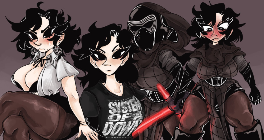 big_breasts bra breasts cleavage clothed clothed_female earrings female fully_clothed genderswap genderswap_(mtf) kylo_ren lightsaber mask rule_63 standing star_wars stockings tagme