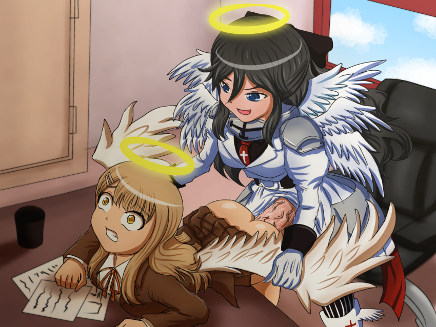 1futa 1girls against_table angel_girl angel_halo angel_wings bent_over black_hair blue_eyes bottomless breasts brown_eyes clothed clothing doggy_style doggy_style_position duo female funamusea futa_on_female futanari halo huge_cock human light-skinned_female light-skinned_futanari light_brown_hair light_skin long_hair mostly_clothed papers penetration penis rbona_cara sex skarlet_jewel_cv05 sol_(funamusea) source_request standing wings