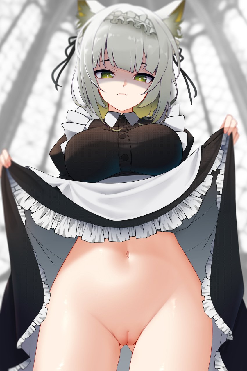 absurdres animal_ear_fluff animal_ears apron arknights ass_visible_through_thighs black_dress breasts cat_ears cleft_of_venus closed_mouth clothes_lift cowboy_shot dress dress_lift female from_below green_eyes highres indoors kal'tsit_(arknights) large_breasts lifted_by_self looking_at_viewer looking_down maid maid_headdress navel no_panties official_alternate_costume pussy shaded_face short_hair silver_hair solo stomach thigh_gap uncensored waist_apron white_apron z.taiga