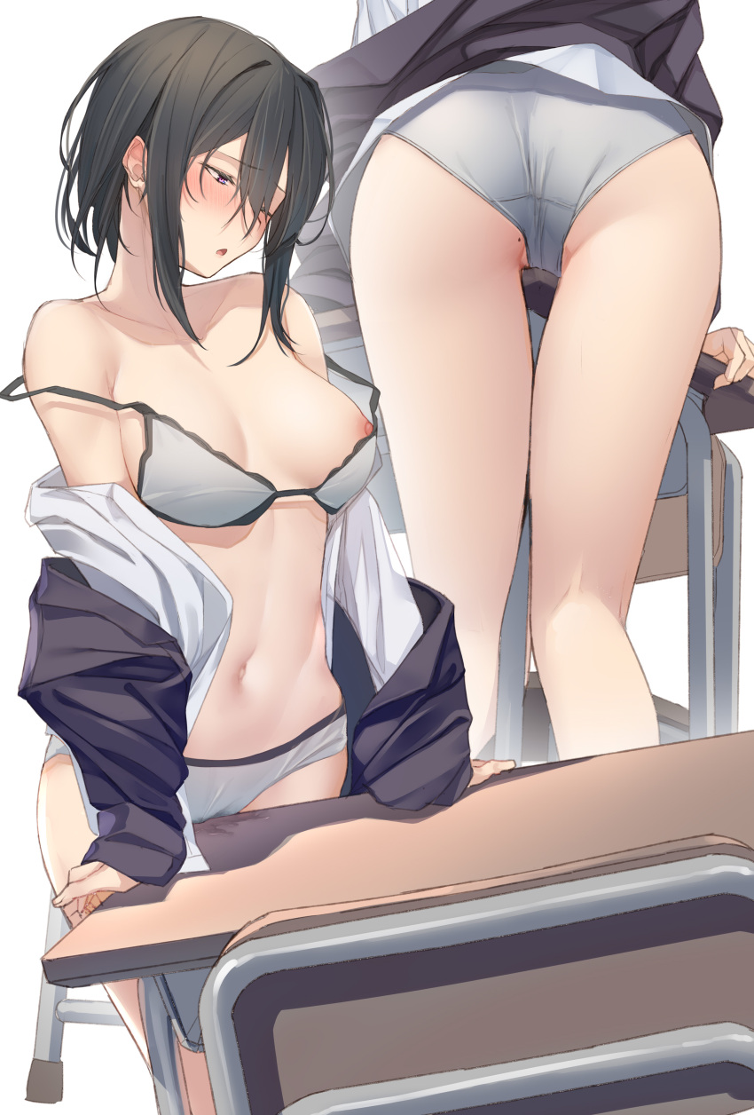 :o absurdres ass ass_focus bangs bare_shoulders black_hair blush bra breasts clothed_masturbation collarbone commentary_request crotch_rub desk eyebrows_visible_through_hair eyelashes female from_behind grey_bra grey_panties hair_between_eyes highres jacket long_sleeves lower_body masturbation masturbation_through_clothing medium_breasts moaning mole mole_on_thigh multiple_views navel nipple_slip nipples one_eye_closed open_clothes open_jacket open_mouth open_shirt original pallad panties purple_eyes pussy_juice pussy_juice_puddle pussy_juice_stain school_desk shirt sidelocks stomach strap_slip table table_humping thighs underwear wet wet_clothes wet_panties