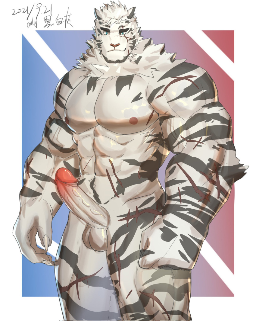 1boy abs animal_ears arknights bara barazoku completely_nude erection feet_out_of_frame furry furry_male gay grin highres large_pectorals male_focus male_only male_pubic_hair mountain_(arknights) muscular muscular_male navel nipples nude onlybwg3 pectorals penis pubic_hair raised_eyebrow scar scar_across_eye scar_on_arm scar_on_chest scar_on_leg seductive_smile short_hair smile solo stomach thick_eyebrows thick_thighs thighs tiger_boy tiger_ears uncensored white_fur white_hair yaoi