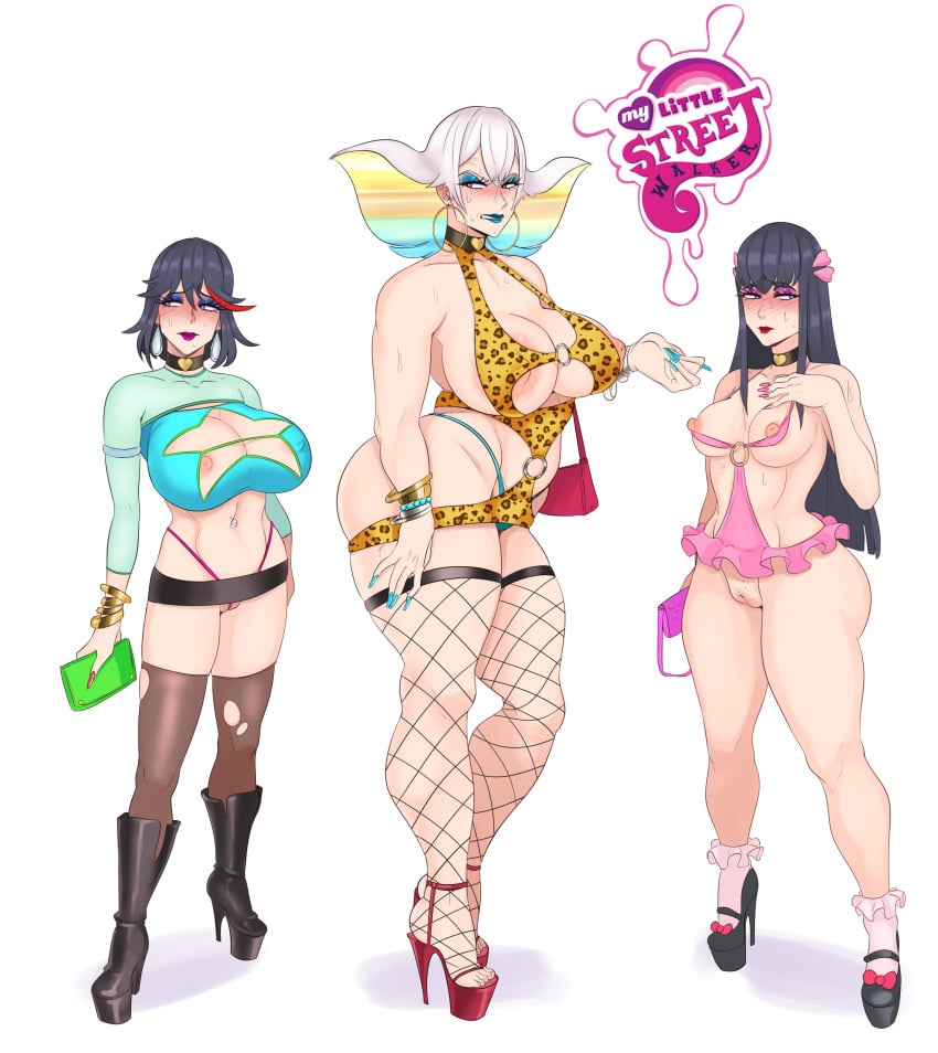 3girls big_breasts bimbo blush bodycon breasts eyeshadow female female_only high_heel_boots high_heels hoop_earrings kill_la_kill kiryuuin_ragyou kiryuuin_satsuki large_breasts lipstick makeup matoi_ryuuko microskirt milf mother_and_daughter multiple_girls no_panties open_toe_shoes platform_heels prostitution purse slutty_outfit stiletto_heels streetwalker sunnysundown thick_thighs thighhighs venus_body very_high_heels whale_tail wide_hips