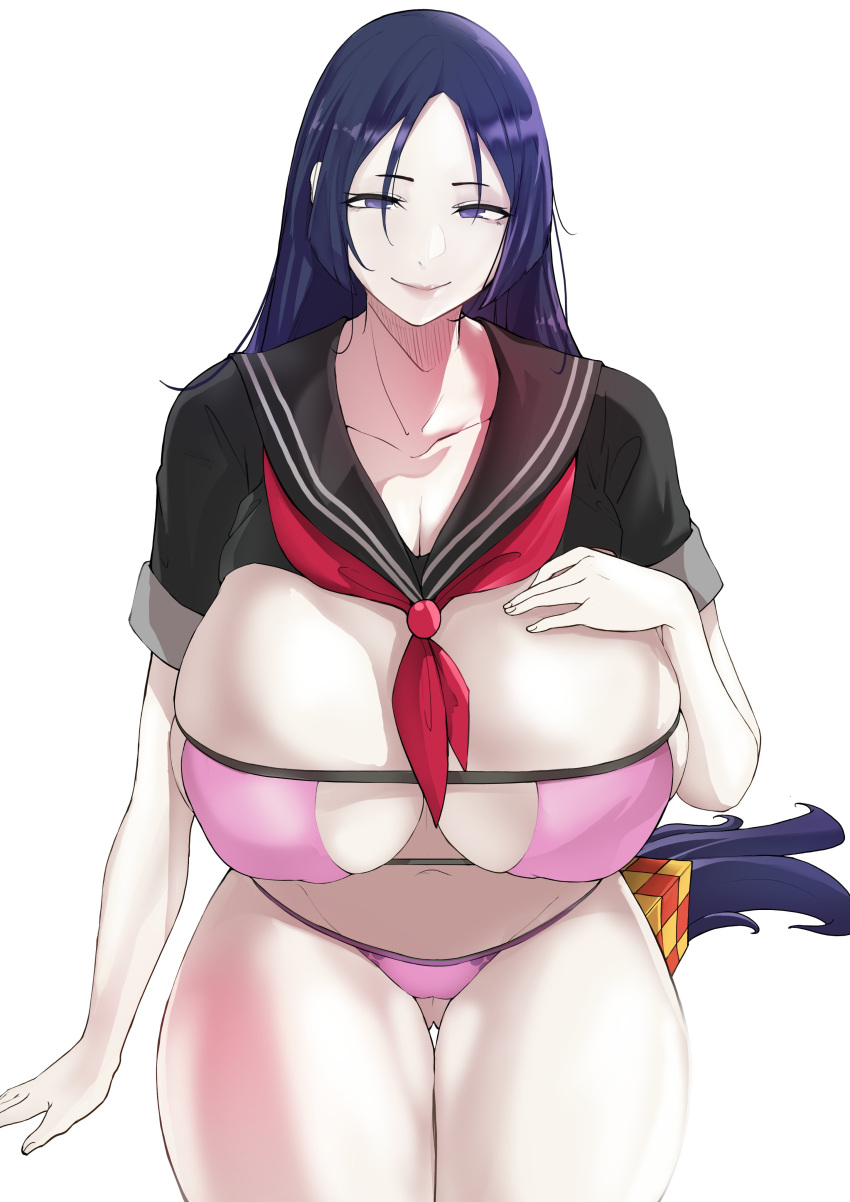 1girls 2021 ass_visible_through_thighs bikini breasts eyepatch_bikini fate/grand_order fate_(series) female female_only hi_res huge_breasts long_hair looking_at_viewer mature_female milf minamoto_no_raikou_(fate/grand_order) minamoto_no_raikou_(swimsuit_lancer) nodo purple_bikini purple_eyes purple_hair puzenketsu sailor_collar sailor_uniform school_uniform simple_background sitting smile swimsuit thick_thighs thigh_gap thighs top_lift very_long_hair white_background