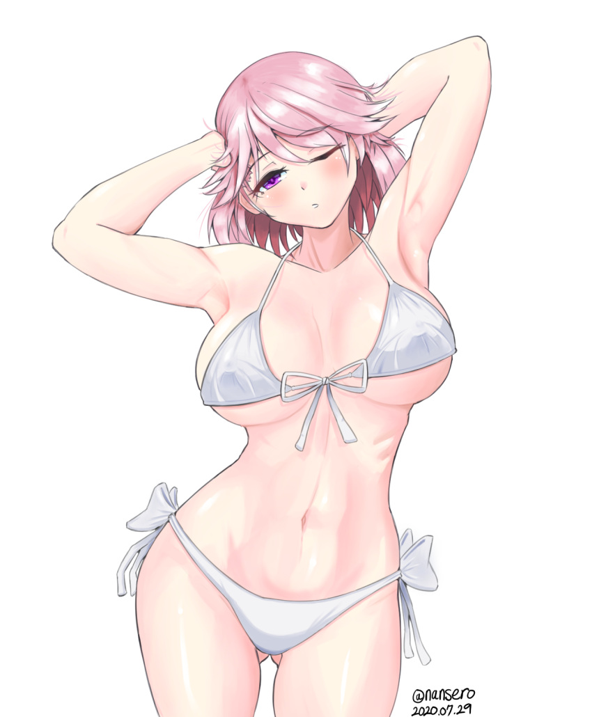 armpits arms_up ass_visible_through_thighs big_breasts bikini blush female female_only giuseppe_garibaldi_(kantai_collection) hand_on_head hourglass_figure kantai_collection nipple_bulge one_eye_closed pink_eyes pink_hair red_highlights short_hair side-tie_bikini solo swimsuit two_tone_hair underboob white_bikini wide_hips