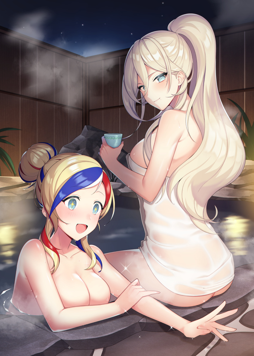 2girls absurd_res big_breasts blonde_hair blue_eyes blue_highlights cleavage commandant_teste_(kantai_collection) covered_nipples detailed_background female female_only hair_bun hi_res kantai_collection kinsenka long_hair mole_under_eye mole_under_mouth multicolored_hair night onsen open_mouth outside ponytail red_highlights richelieu_(kantai_collection) smile steam tied_hair towel very_high_resolution very_long_hair wet wet_towel