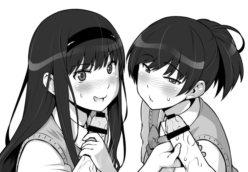 2boys 2girls :d amagami bar_censor blush bow bowtie censored from_side greyscale group_sex hairband handjob looking_at_viewer looking_to_the_side monochrome morishima_haruka multiple_boys multiple_girls multiple_penises nervous_smile open_mouth orgy parted_lips penis ponytail sanagi_torajirou school_uniform shirt simple_background smile straight sweater_vest tsukahara_hibiki white_background