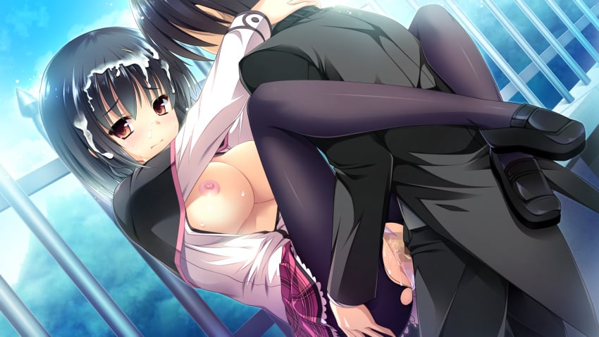 1boy arms_around_neck black_capelet black_footwear black_hair black_jacket black_legwear black_pants breasts capelet censored closed_mouth clothing_aside cum cum_on_hair day dress_shirt eyebrows_visible_through_hair female game_cg hair_between_eyes highres jacket large_breasts long_sleeves miniskirt mosaic_censoring mutou_kurihito nipples official_art ojou-sama_wa_gokigen_naname open_clothes open_shirt outdoors panties panties_aside pants pantyhose penis pink_skirt plaid plaid_skirt red_eyes rooftop sakurazaki_hajime sex shirt short_hair skirt straight torn_clothes torn_legwear underwear white_shirt yukinokouji_shiaya