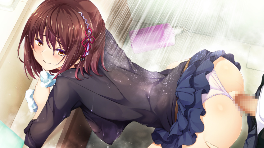 1boy ass bangs black_shirt blue_skirt blush brown_hair censored closed_mouth clothes_lift clothing_aside female game_cg hair_between_eyes hair_ribbon highres holding konoe_rikka layered_skirt long_hair long_sleeves male miniskirt mosaic_censoring naruse_hirofumi official_art ojou-sama_wa_sunao_ni_narenai panties panties_aside penis red_ribbon ribbon sex shiny shiny_hair shirt showering skirt skirt_lift smile solo_focus standing standing_sex straight underwear vaginal_penetration wet wet_hair white_panties yellow_eyes