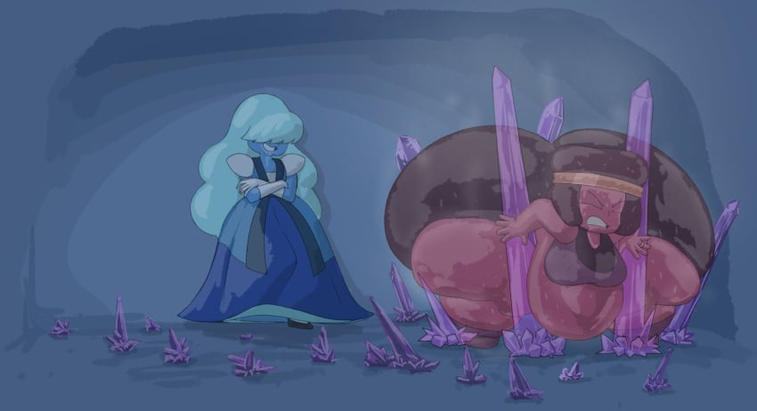 2girls ass ass_bigger_than_head big_ass big_belly big_breasts blinding_bangs bottom_heavy cartoon_network cynicaltwin drooling huge_ass hyper_ass mrwastemaster multiple_girls ruby_(steven_universe) sapphire_(steven_universe) shortstack steven_universe stuck sweat thick_thighs wide_hips