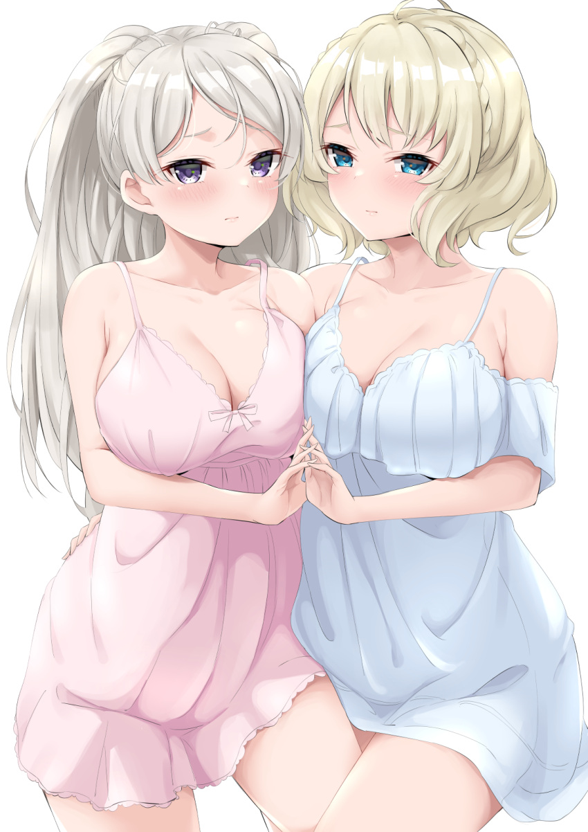 2girls big_breasts blonde_hair blue_eyes blush breast_press cleavage colorado_(kantai_collection) conte_di_cavour_(kantai_collection) crown_braid female female_only interlocked_fingers kantai_collection long_hair looking_at_viewer negligee nightgown platinum_blonde_hair purple_eyes short_hair silver_hair takomeshi tied_hair wavy_hair