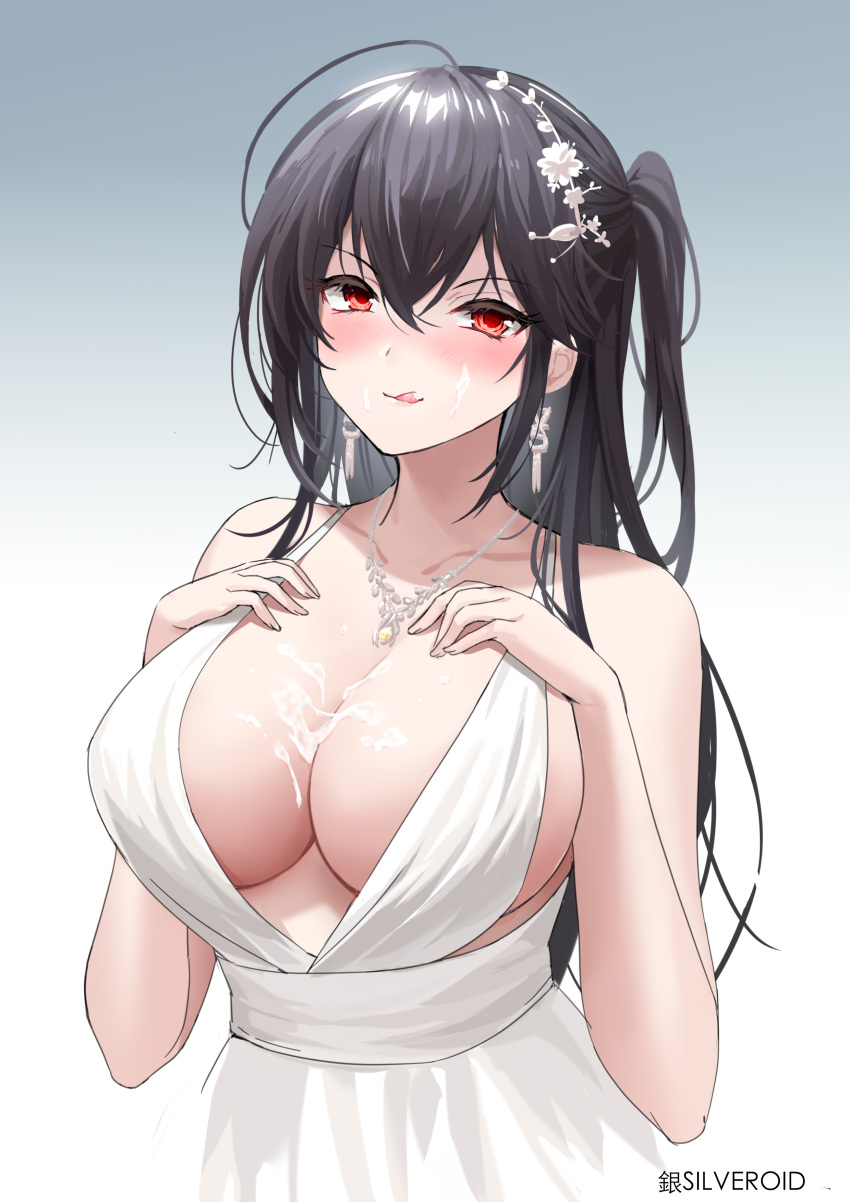 1girls :q absurdres after_sex ahoge artist_name azur_lane bangs bare_shoulders black_hair blush breasts cleavage collarbone commentary crossed_bangs cum cum_on_body cum_on_breasts dress earrings eyebrows_visible_through_hair facial female female_only gradient gradient_background hair_between_eyes hair_ornament hands_on_own_chest highres huge_breasts jewelry large_breasts light-skinned_female light_skin long_hair looking_at_viewer necklace official_alternate_costume one_side_up red_eyes sakura_empire_(azur_lane) sidelocks silveroid_(silver15) simple_background sleeveless sleeveless_dress smile solo suggestive_fluid taihou_(azur_lane) taihou_(temptation_on_the_sea_breeze)_(azur_lane) tongue tongue_out upper_body very_long_hair wedding_dress white_dress