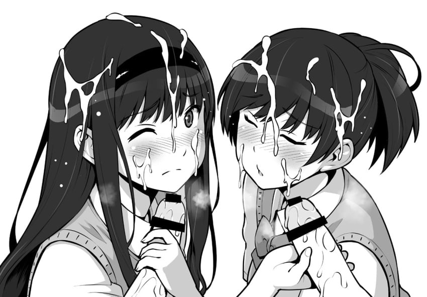 2boys 2girls amagami bar_censor blush bow bowtie bukkake censored closed_eyes closed_mouth cum cum_on_hair facial facing_viewer from_side greyscale group_sex hairband handjob looking_at_viewer looking_to_the_side monochrome morishima_haruka multiple_boys multiple_girls multiple_penises one_eye_closed orgy parted_lips penis ponytail sanagi_torajirou school_uniform shirt simple_background straight sweater_vest tsukahara_hibiki white_background