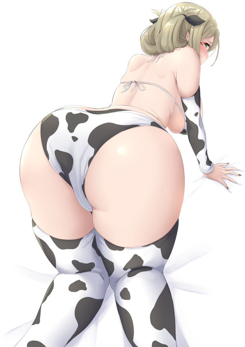 all_fours ass_focus backboob big_ass bikini blonde_hair blush cow_print cow_print_armwear cow_print_thighhighs female female_only glasses green_eyes huge_ass kantai_collection katori_(kantai_collection) kneeling looking_at_viewer looking_back nail_polish rear_view solo takomeshi thick_thighs thighhighs tied_hair wide_hips zettai_ryouiki