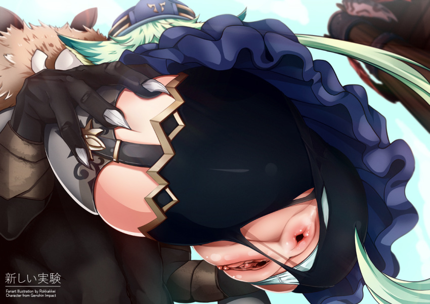 1boy 1girls anus ass ass_grab big_ass big_butt carrying carrying_position female genshin_impact green_hair hat hilichurls_(species) low-angle_view pussy ripped_clothing rokkakkei skirt sucrose_(genshin_impact) thick_thighs thighs uncensored