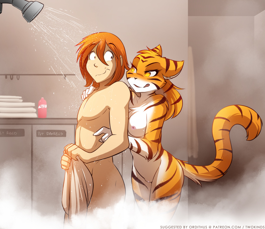 2018 anthro breasts covering covering_self daniels_(twokinds) duo ears_back edit feline female fur hair hand_on_shoulder hi_res human inside keidran licking licking_lips locker male mammal multicolored_fur nervous nipples nude nude_edit nude_filter orange_fur pussy red_hair seductive shower showering smile smirk steam striped_fur stripes therie_sah-van third-party_edit tiger tom_fischbach tongue tongue_out towel twokinds water wet white_fur yellow_eyes