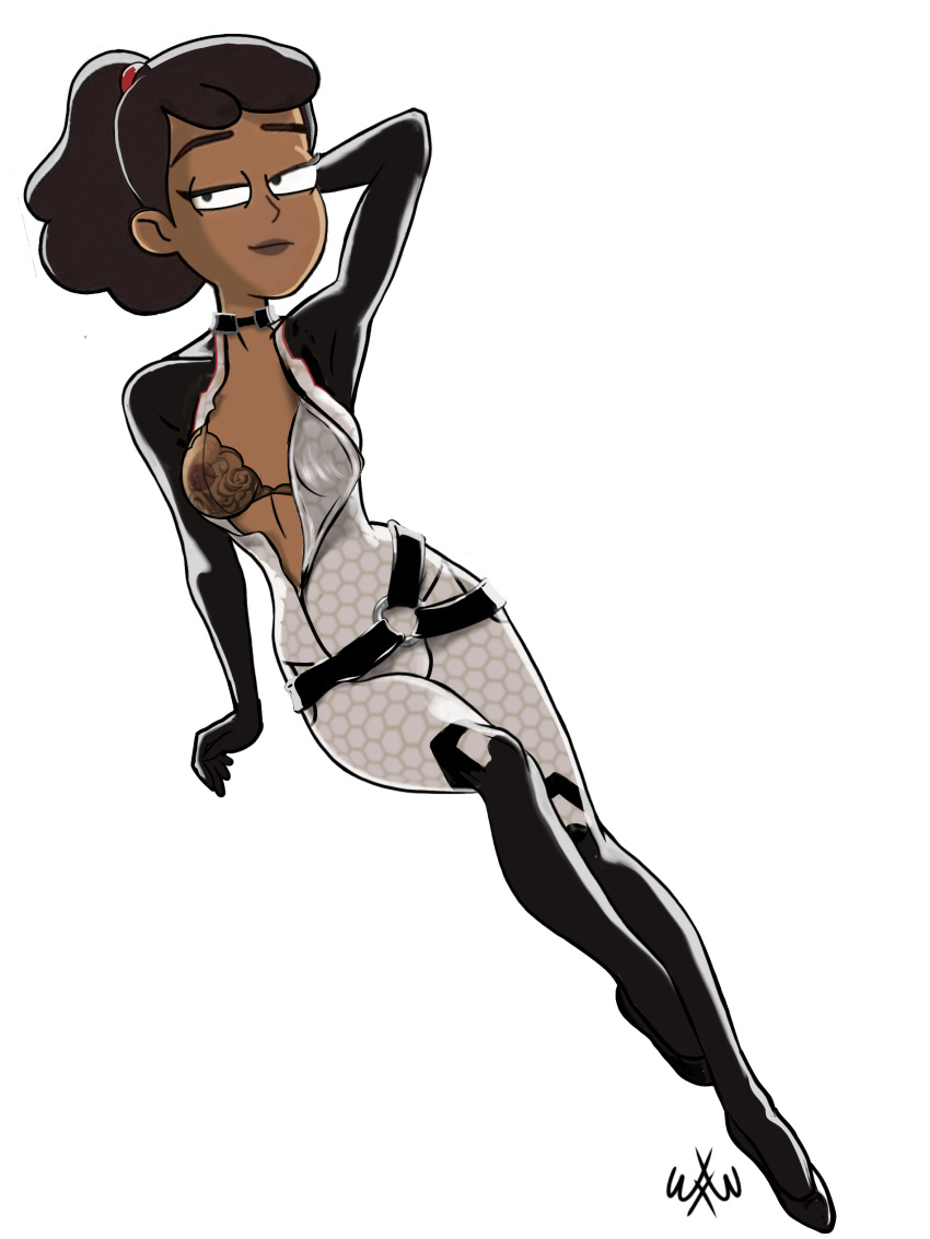 alternate_version_available arm_behind_head artist_logo artist_signature beckett_mariner belt bodysuit boots brown_hair brown_skin cosplay dark-skinned_female dark_skin eyes_half_closed eyes_half_open female female_only human looking_at_viewer lounging mass_effect miranda_lawson_(cosplay) nipples nipples_visible_through_clothing ponytail red_headband see-through see-through_bra see-through_clothing see-through_top skinsuit skintight skintight_bodysuit solo solo_female star_trek star_trek_lower_decks wasted.x.talent