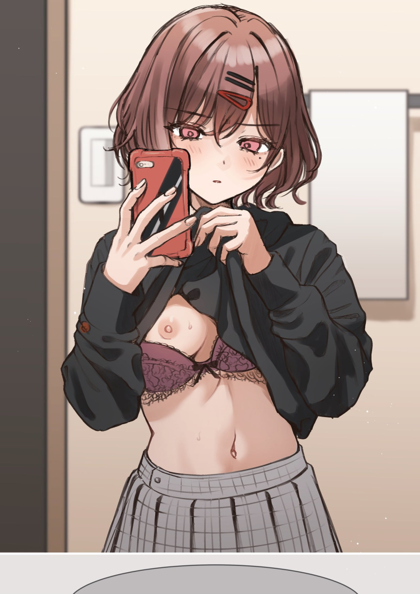 areolae bangs blush bra bra_lift breasts cellphone clothes_lift eyebrows_visible_through_hair female flashing hair_ornament hairclip highres higuchi_madoka idolmaster idolmaster_shiny_colors lace-trimmed_bra lace_trim long_sleeves looking_at_viewer mirror mole mole_under_eye navel nipples one_tit_out phone pink_eyes red_hair selfie shirt shirt_lift short_hair skirt small_breasts smartphone solo sweat takio_(kani_sama) underwear