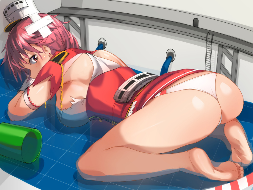 all_fours ass_up ayakumo barefoot big_ass big_breasts bubble_butt feet female female_only giuseppe_garibaldi_(kantai_collection) hat kantai_collection looking_at_viewer looking_back panties partially_submerged pink_eyes pink_hair short_hair skirt_up soles solo torn_clothes water white_panties