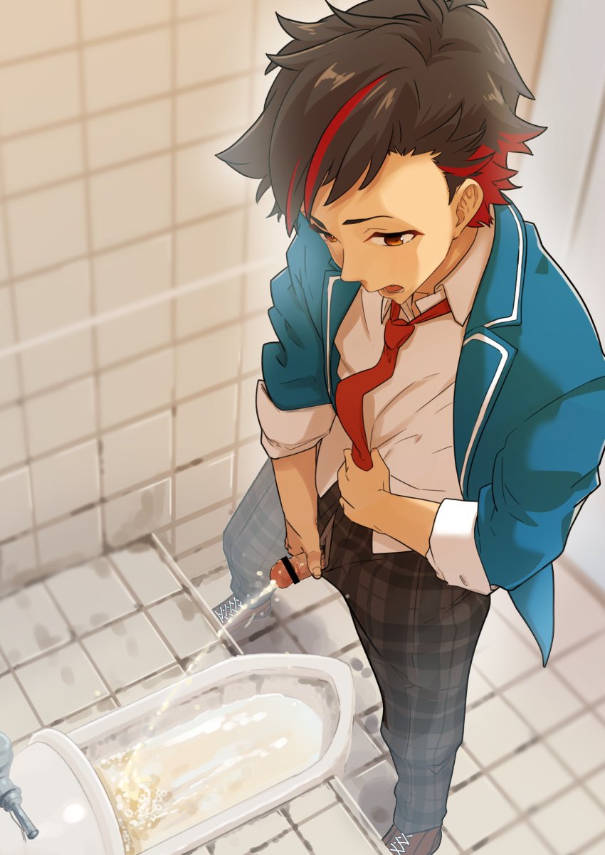 1boy bar_censor bathroom black_hair blazer censored commentary_request ensemble_stars! from_above highres jacket looking_down male male_focus male_only multicolored_hair nagumo_tetora necktie open_clothes open_jacket open_mouth pants peeing penis penis_through_fly plaid plaid_pants red_eyes red_hair red_necktie school_uniform shirt shoes solo squat_toilet streaked_hair takamiya_mizuki tile_floor tiles toilet uniform urine white_shirt yumenosaki_school_uniform